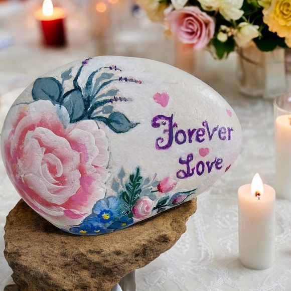 Painted LOVE river rock with rosy- peach roses, blue accent flowers, and hearts - Picture 11 of 17